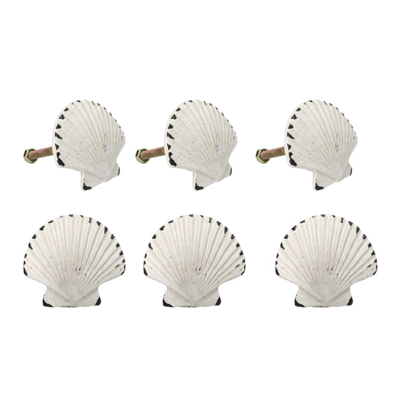 Set Of 6 Distressed White Marine Seashell Clam Brass Cabinet Door Pull Knobs