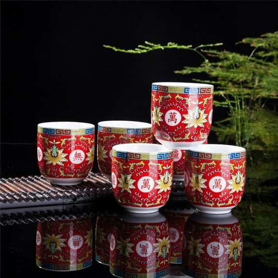 Set Of 6 Eastern Asian Design Ceramic Tea Cups In Red Longevity Symbol - 8 OZ Capacity Each