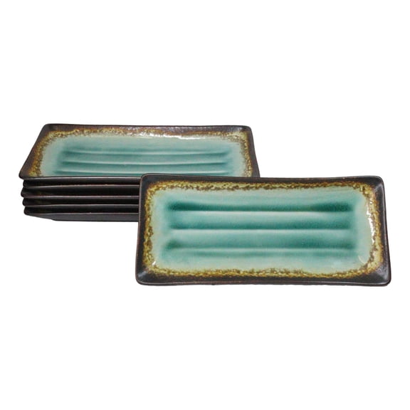 Set Of 6 Green Midori Kannyu Collection Ceramic Rectangle Serving Platters 12"L