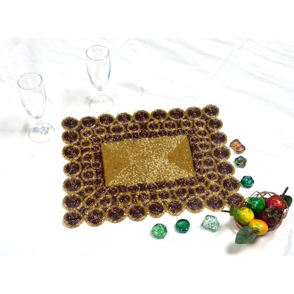 Set Of 6 Handmade Beads Placemat, Gold And Copper Tablemat, Designer Charger plate 12X15 Inch