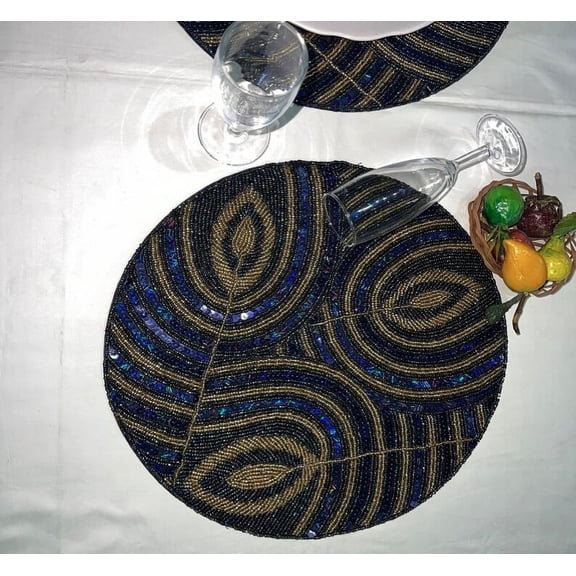 Set Of 6 Placemat, Peacock Feather Design Tablemat, Beaded Charger Plate 13X13 Inch