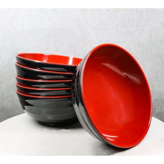 Set Of 6 Red And Black Round Ridged Body Soup Salad Rice Melamine Bowls 8"D