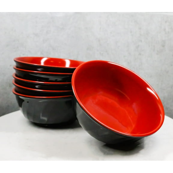 Set Of 6 Red And Black Round Ridged Pasta Soup Salad Rice Melamine Bowls 7"D