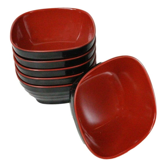Set Of 6 Red And Black Square Ridged Small Soup Salad Rice Melamine Bowls 4.5"L
