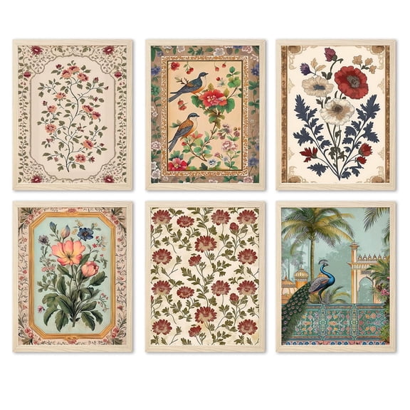 Set Of 6 Vintage Floral Wall Art Prints, Bird Peacock Botanical Decor