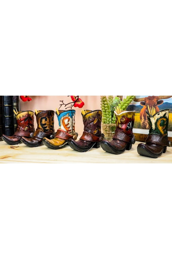 Set Of 6 Western Faux Tooled Leather Cowboy Boots With Spurs Toothpick Holders