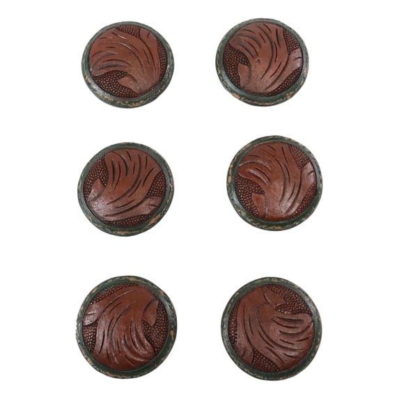 Set Of 6 Western Rustic Faux Tooled Leather Green Borders Cabinet Door Knobs