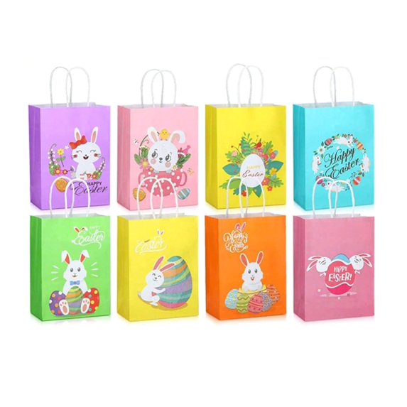 Set Of 8 Easters Bags Happy Rabbits Paper Packaging Bags with Handle for Spring Birthday and Easters Party Supplies
