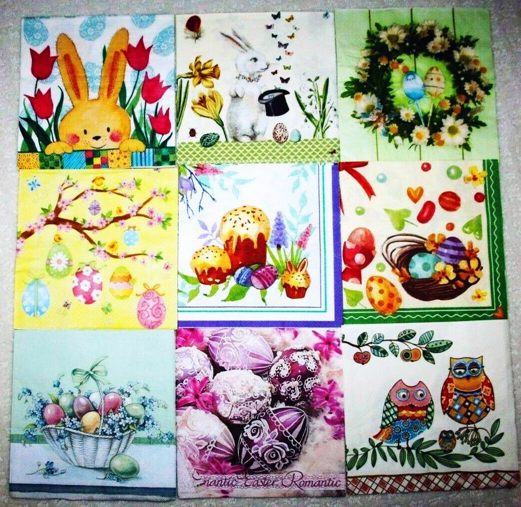 Set Of 9 Paper Napkins For Decoupage & Paper Crafts Eggs Easter Bunny Owl Wreath