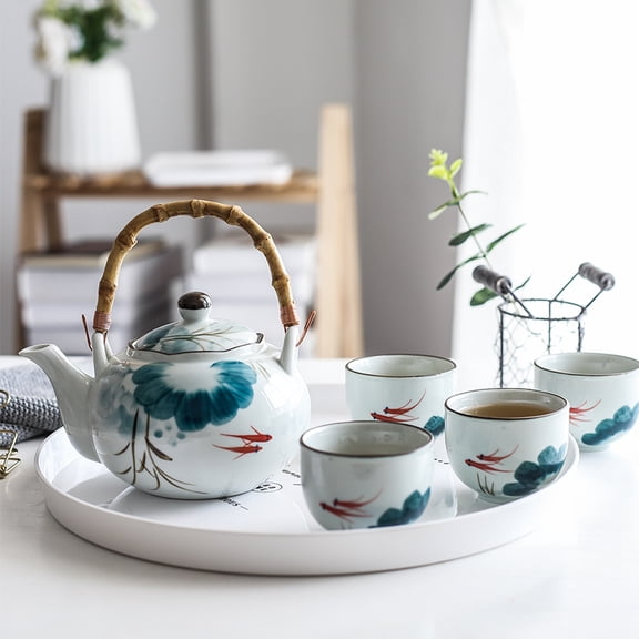 Set Of Ceramic Goldfish Tea Pot Tea Cup Water Cup Lotus Design Tea Kettle Set (4 Cups+1 Teapot)