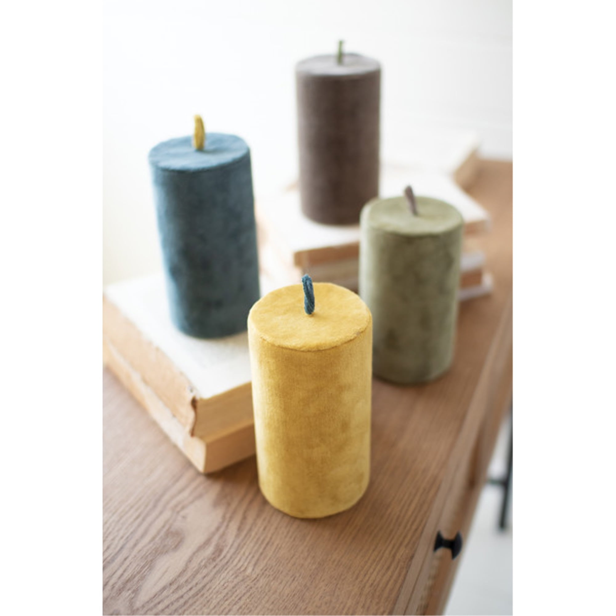 Set Of Four Faux Velvet Candles One Each Color Honey Steel Blue