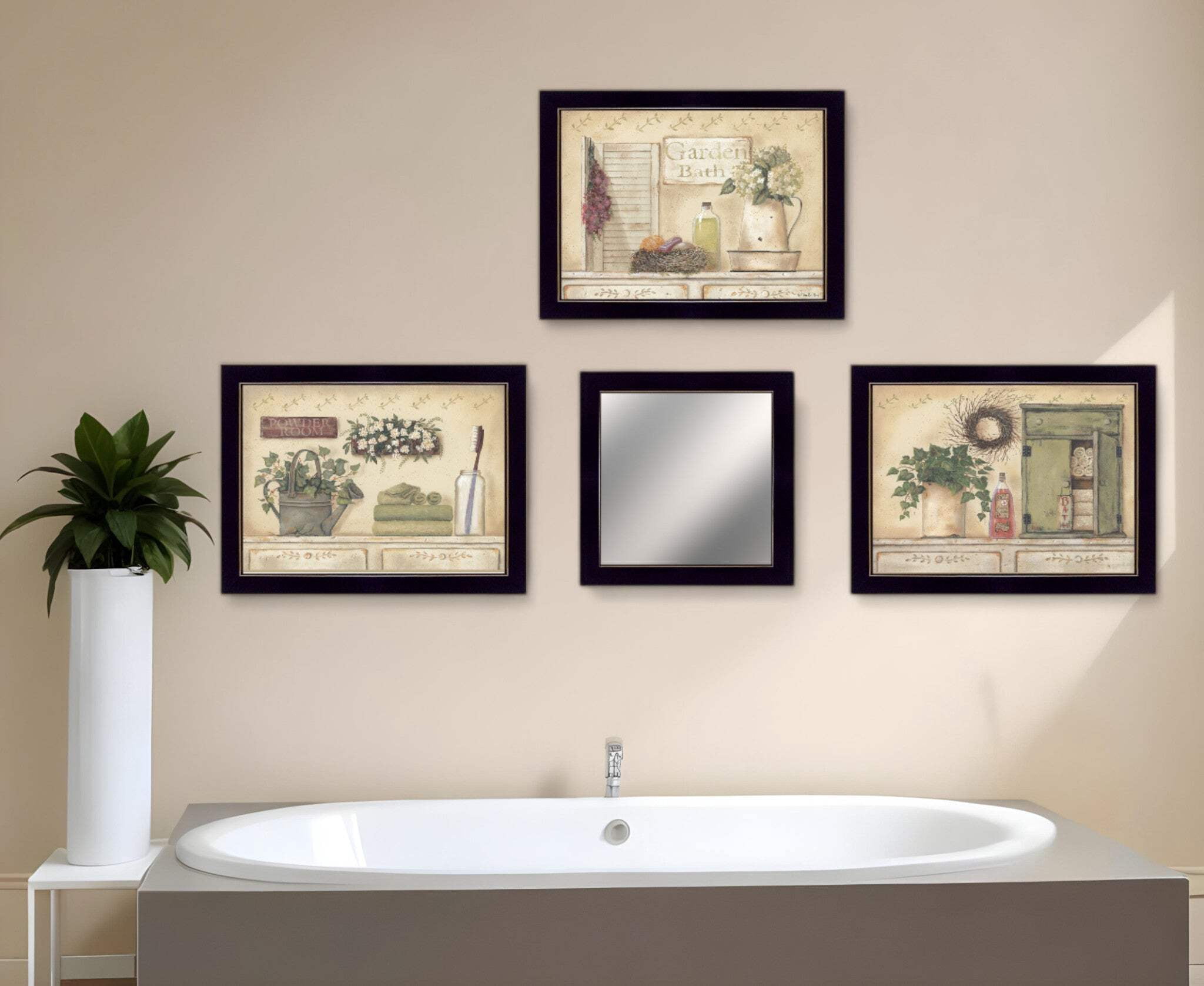 Set Of Four Garden Bath Black Framed Bathroom Wall Art And Mirror With ...