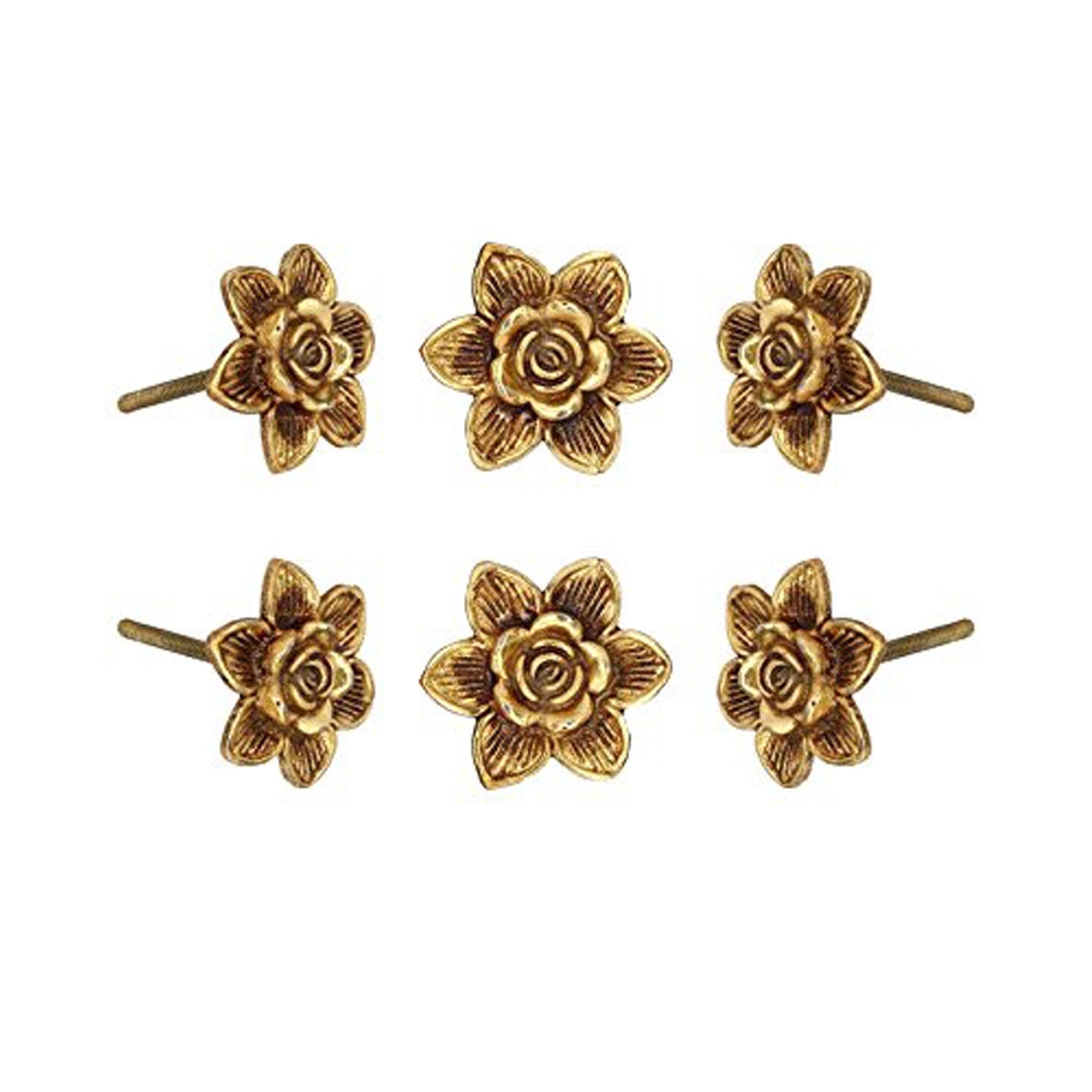 Set of 6 Antique Gold Flower Metal Cabinet Knobs
