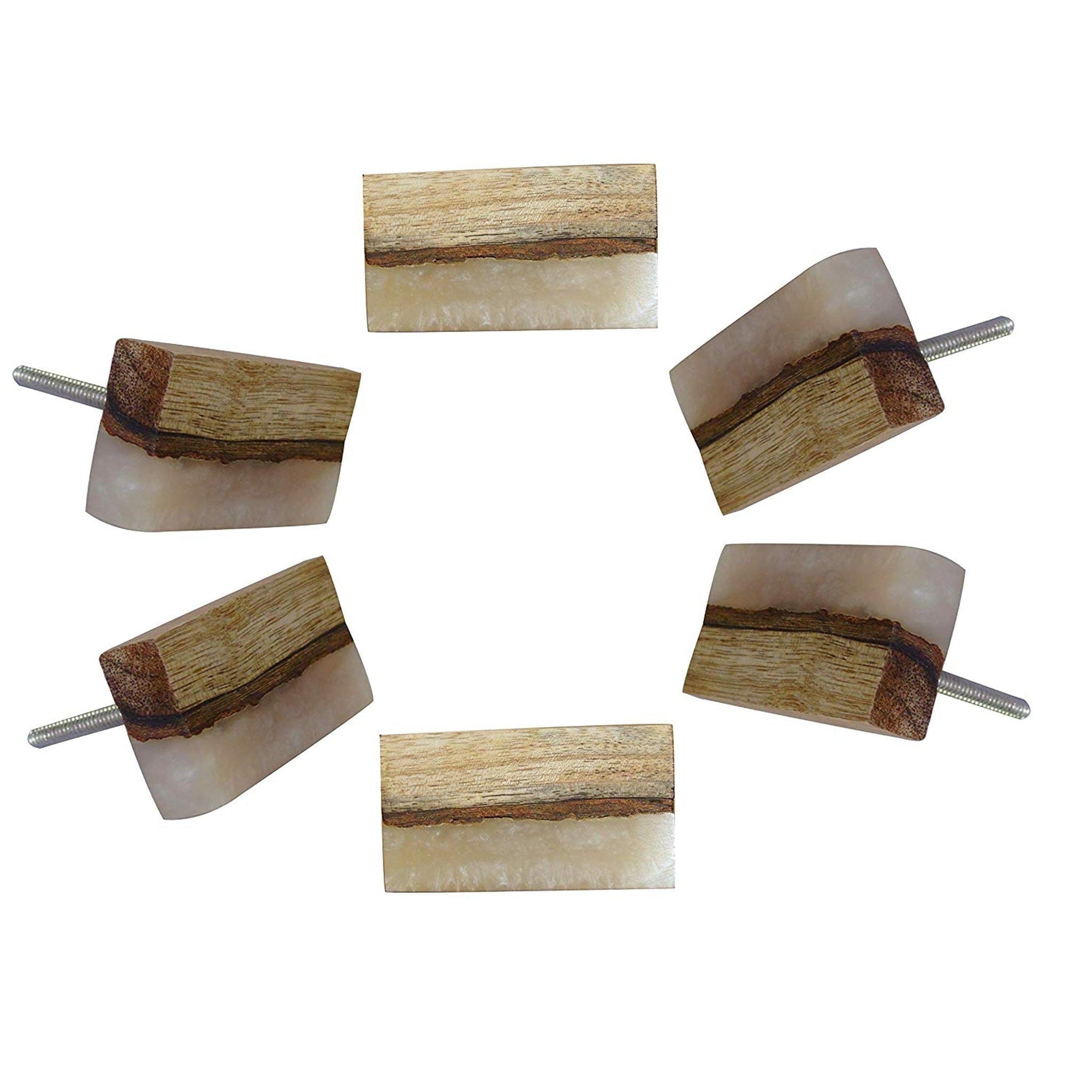 Set of 6 Tan and Dark Brown Wood Rectangular Knobs with Marble