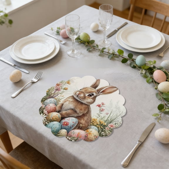 Set Of Spring Easter Bunny Print Placemats, Irregular Lace-Edge Round Table Mats For Dining And Cabinet Decorations, Holiday Table Setting Accents
