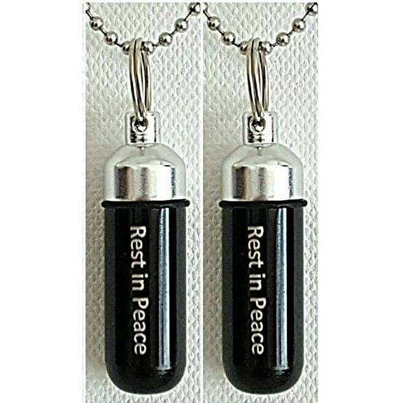 Set Of TWO - LASER ENGRAVED - "Rest In Peace" BLACK & Silver Finish CREMATION URN Keepsakes with Velvet Pouches, Ball-Chains & Fill Kit
