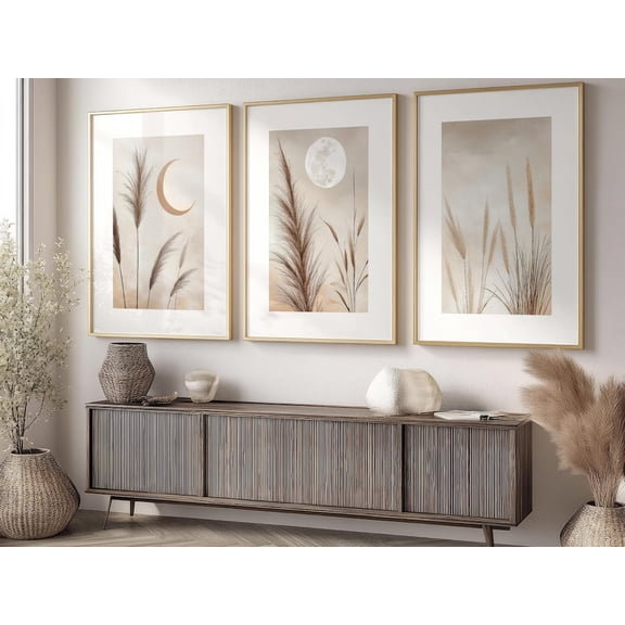 Set Of Three HandDrawn Posters With Natural Image Of Pampas Grass Neutral, Stretched Canvas