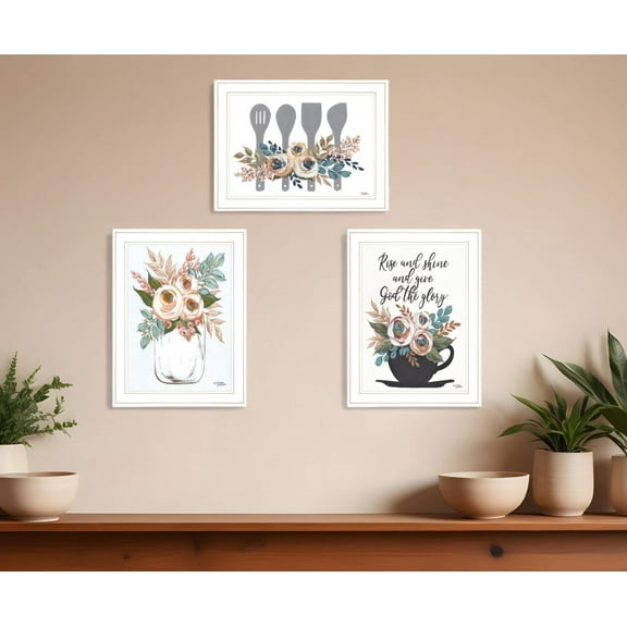 Set Of Three Rise and Shine White Framed Print Kitchen Wall Art
