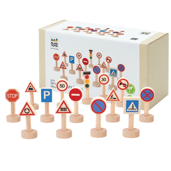 PlanToys Traffic Signs & Lights Wooden Montessori Imaginative Play Set | Early Language, Social Skills and Real-World Awareness Activity | Eco Friendly Road Sign Learning Set for Meaningful Play