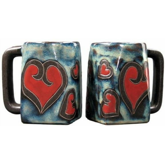 Set Of Two 2 MARA STONEWARE COLLECTION - 12 Oz Coffee Cup Collectible Square Dinner Mugs - Hearts Valentine Design