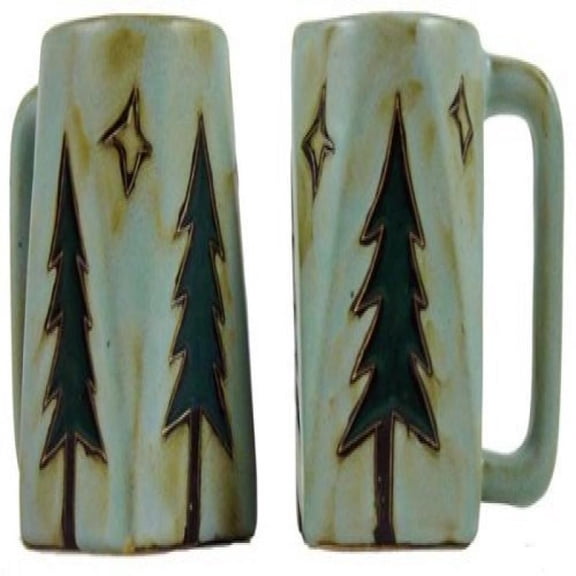Set Of Two (2) MARA STONEWARE COLLECTION - 12 Oz Coffee Cup Collectible Square Mugs - Pine Trees Nature Design
