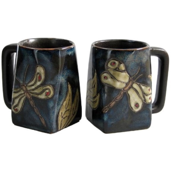 Set Of Two 2 MARA STONEWARE COLLECTION - 12 Oz Coffee or Tea Cup Collectible Square Bottom Mugs - Dragonfly/Insect Design