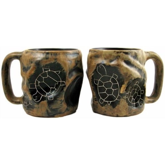 Set Of Two 2 MARA STONEWARE COLLECTION - 20 Oz. Rock Art Coffee Cup Collectible Dinner Mugs - Turtle Design