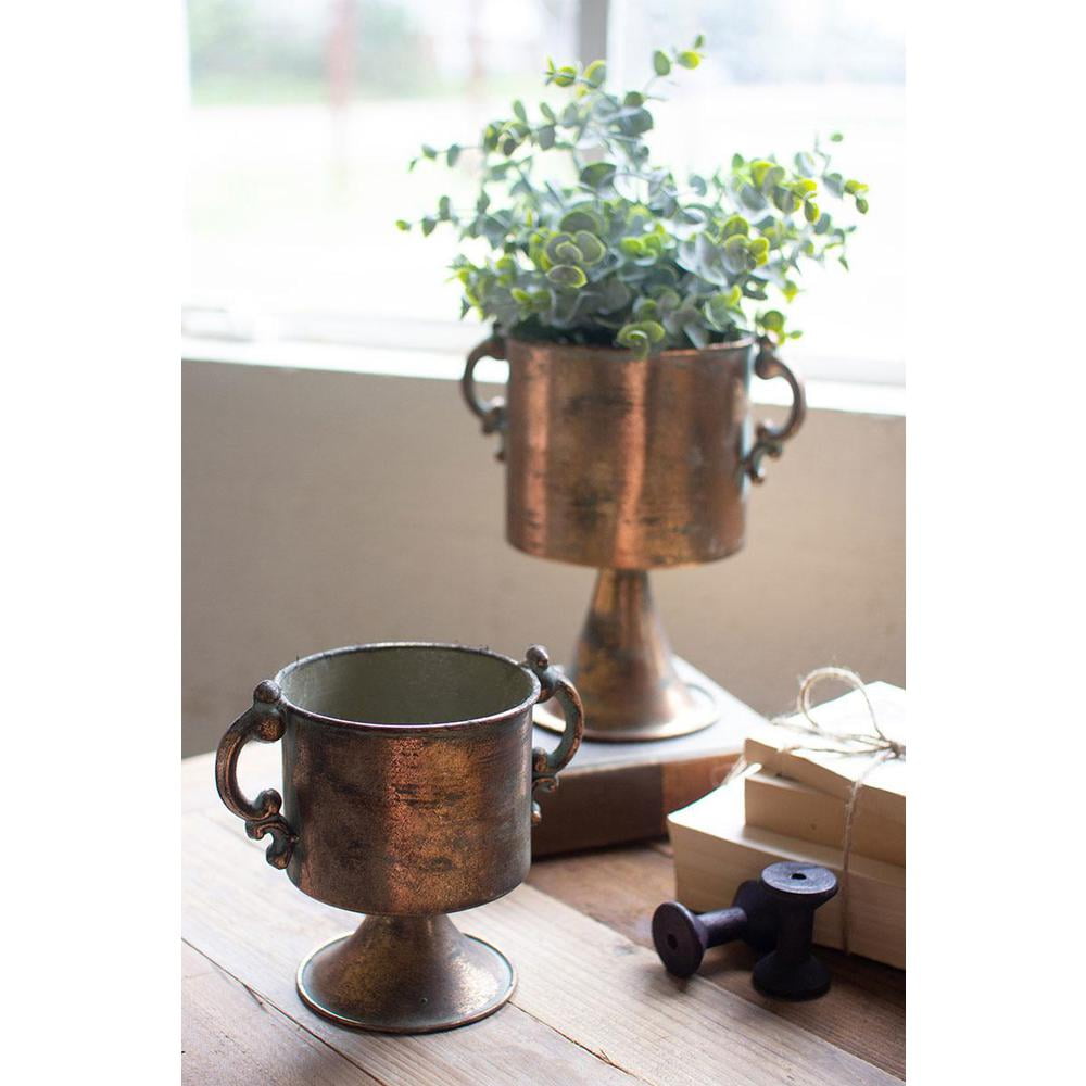 Antique Copper Finish Metal Planters with Handles, Set of Two