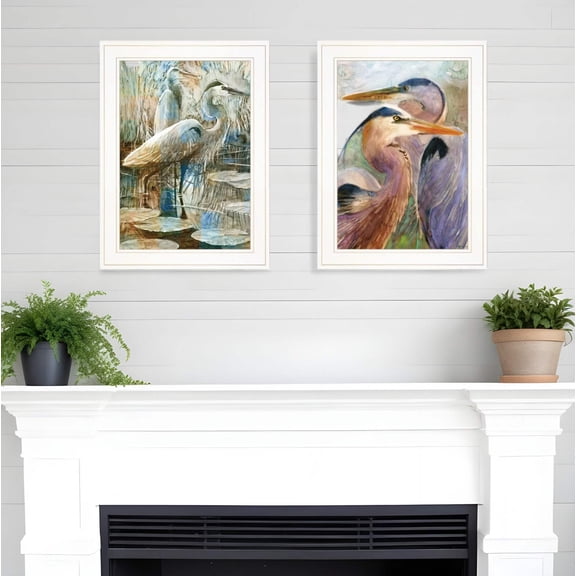 HomeRoots 408043 Blue Heron Duet White Framed Print Wall Art - Set of 2