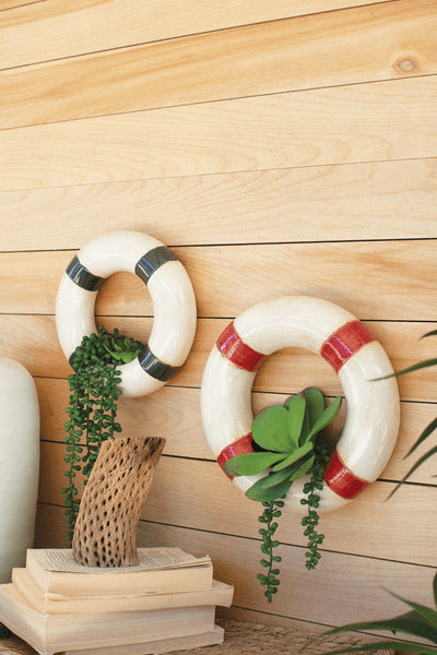 Nautical Charm Red and Blue Ceramic Life Ring Wall Planters, Set of Two