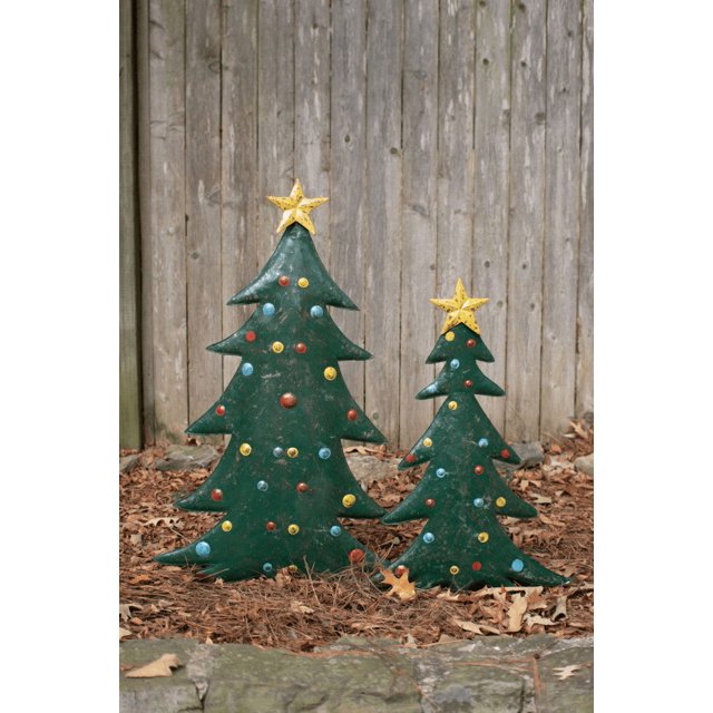 Set Of Two HandHammered Metal Christmas Tree Yard Stakes