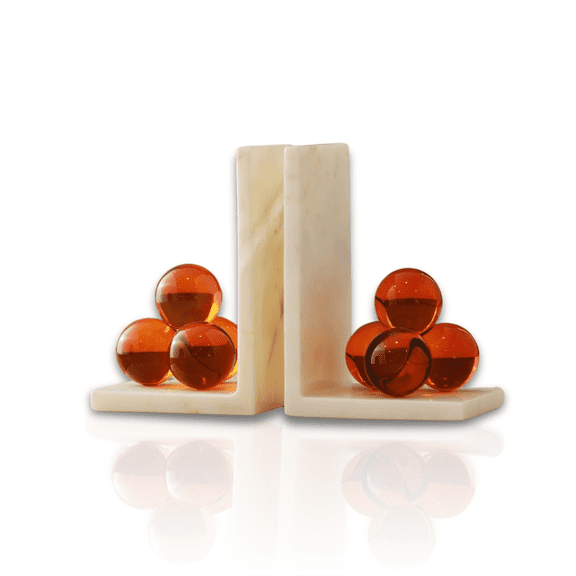 Set Of Two Marble Bookends with Amber Crystal Spheres