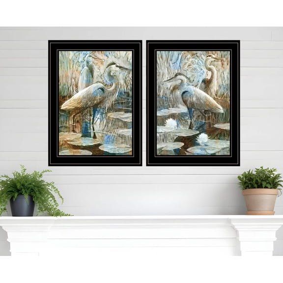 HomeRoots 408047 Marsh Herons I & Sea II Black Framed Print Wall Art - Set of 2