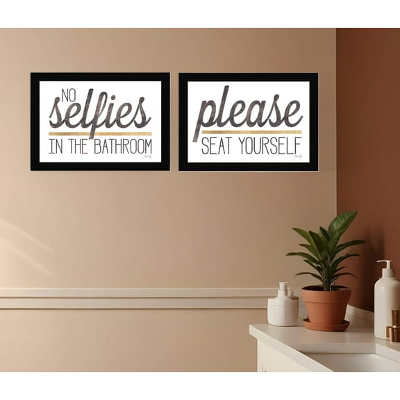 HomeRoots 408216 No Selfies When Seated Black Framed Print Bathroom Wall Art - Set of 2