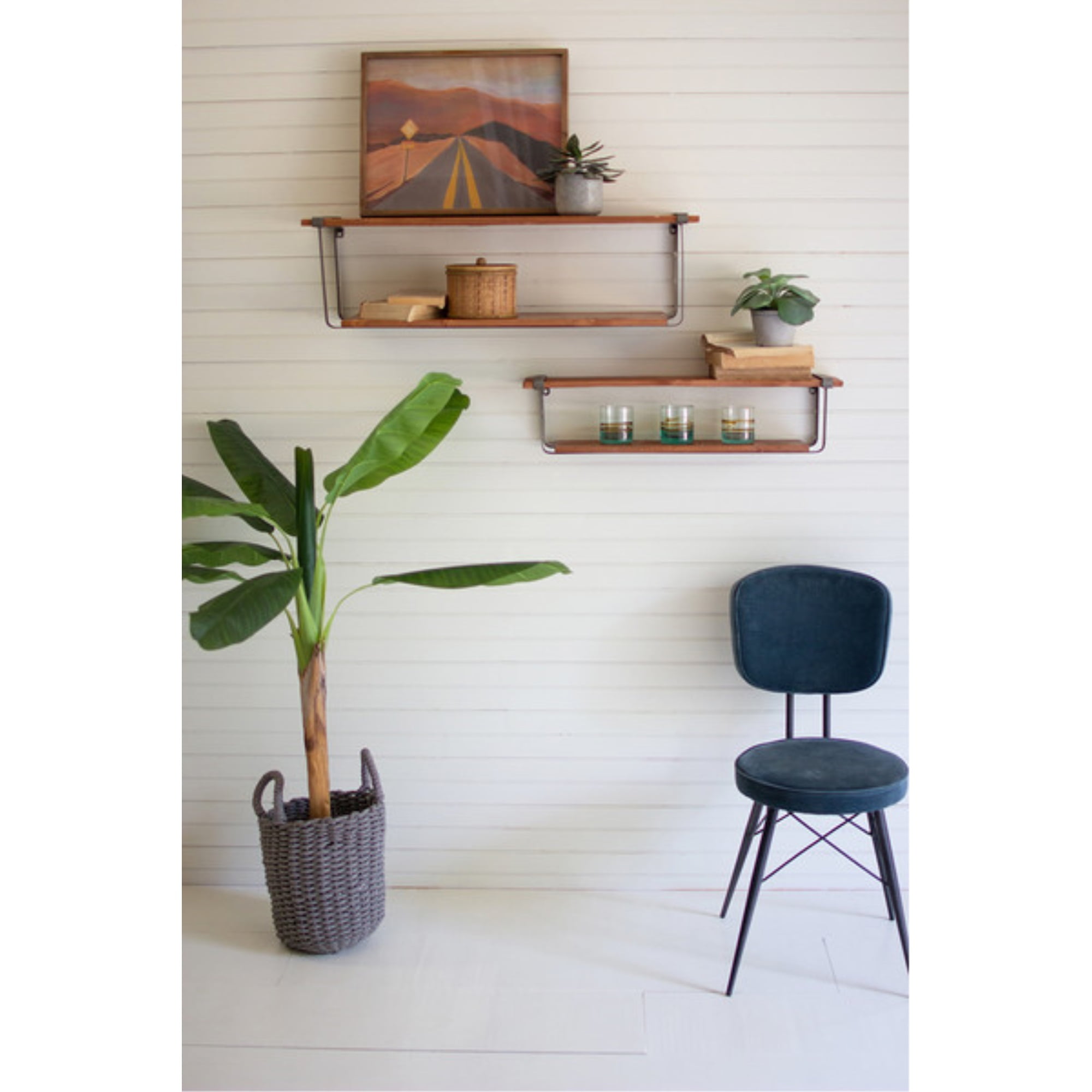 Gray Recycled Wood Dual-Size Floating Wall Shelves, Set of 2