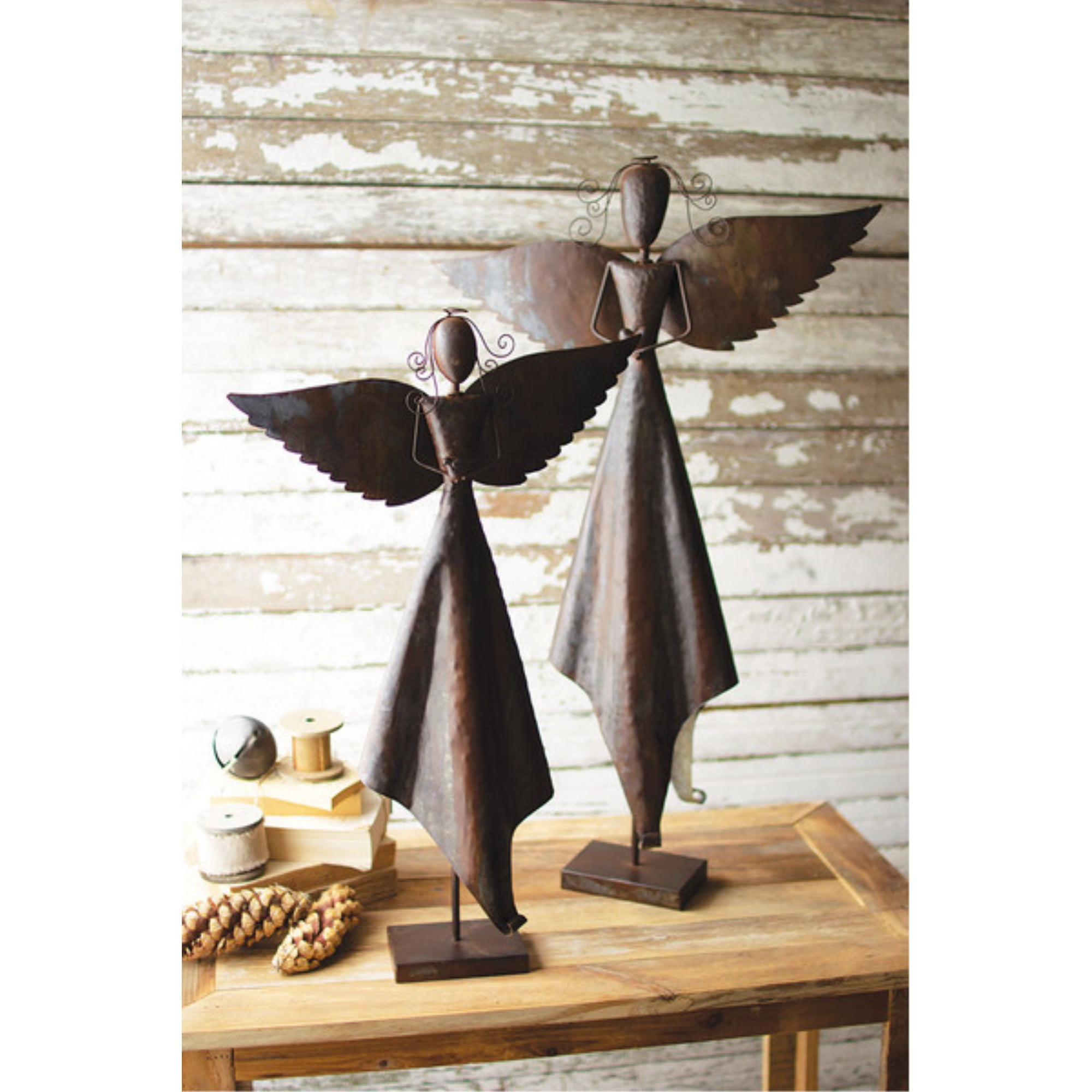 Rustic Metal Winter Angels Set on Base, 21"x6.5"x34"