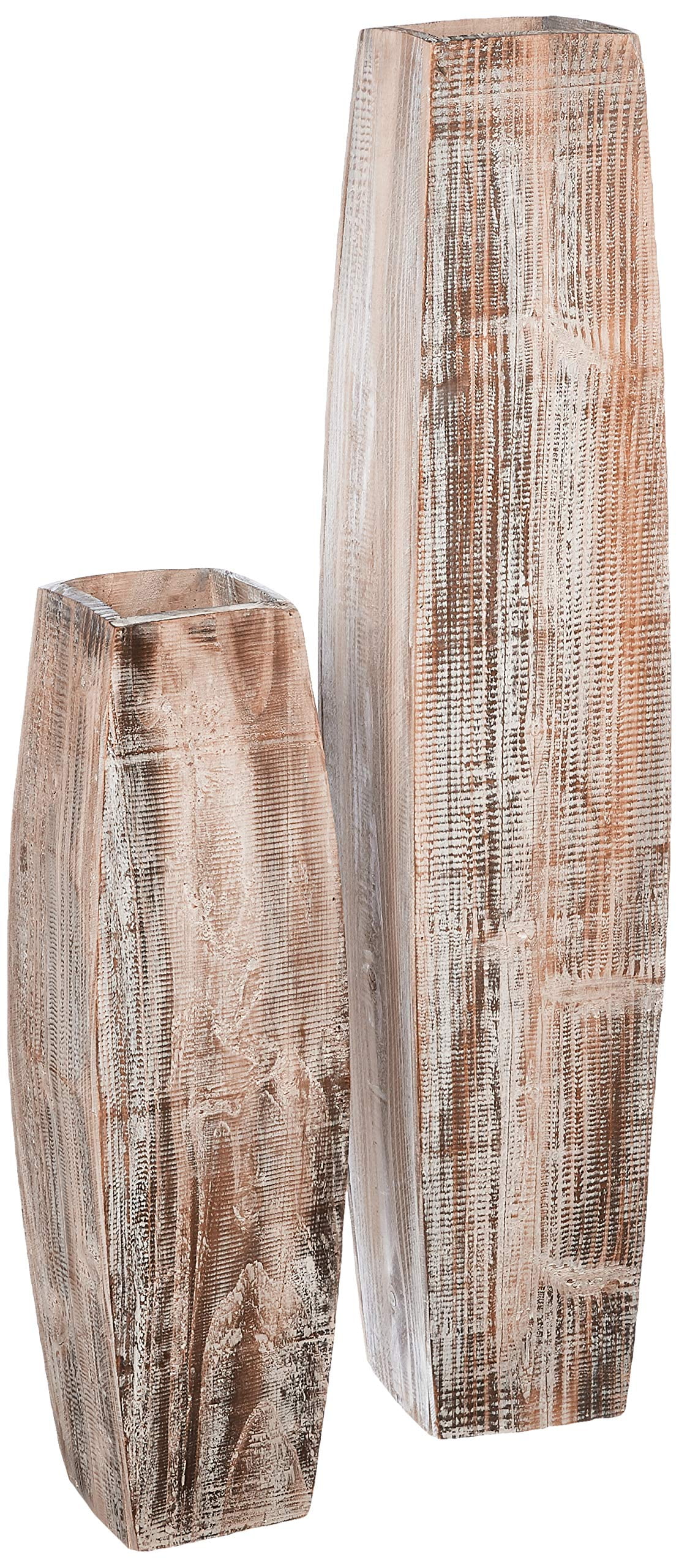 Whitewashed Natural Wood Tall Oblong Vases - Set of 2