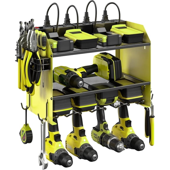 Set Power Tool Organizer Wall Mount with Charging Station. Garage 4 Drill Storage Shelf with Hooks, Heavy Duty Metal Tool Battery Charger Organizer. Shop Utility Rack with Power Strip Green.