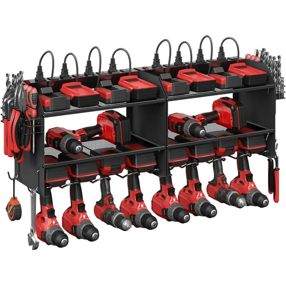 Set Power Tool Organizer Wall Mount with Charging Station. Garage 4 Drill Storage Shelf with Hooks, Heavy Duty Metal Tool Battery Charger Organizer. Shop Utility Rack with Power Strip .Black