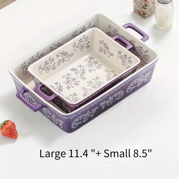 Set of Rectangular Ceramic Baking Dishes, Two Hand-Painted Stoneware Pans 11.4" and 8.5", Ideal for Pasta, Casseroles, Lasagna, for Kitchen, Banquets, Weddings, Home Use, Oven and Microwave Safe