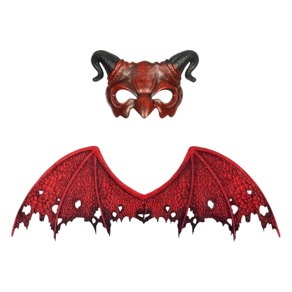 Set Red Horned Demon Mask and Bat Wings for Halloween Party Masquerade Event Dress Up
