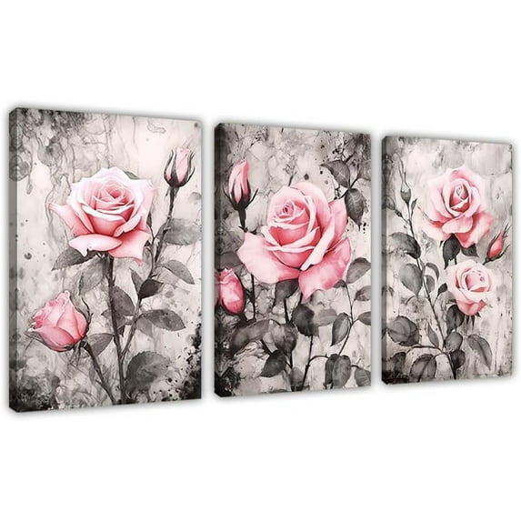 Set Rose Canvas Wall Art，Pink Flowers Paintings，Vintage Pink and Gray Floral Picture Prints，Woman Gifts Decor（Only canvas）