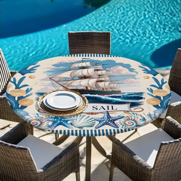 Set Sail Sailing Ships Round Fitted Tablecloth with Elastic Edge,Waterproof Table Cloth Fits Tables Up to 36"-44",Wipeable Washable Table Cover for Indoor Outdoor Dinning Party,Blue Corals Sea Stars