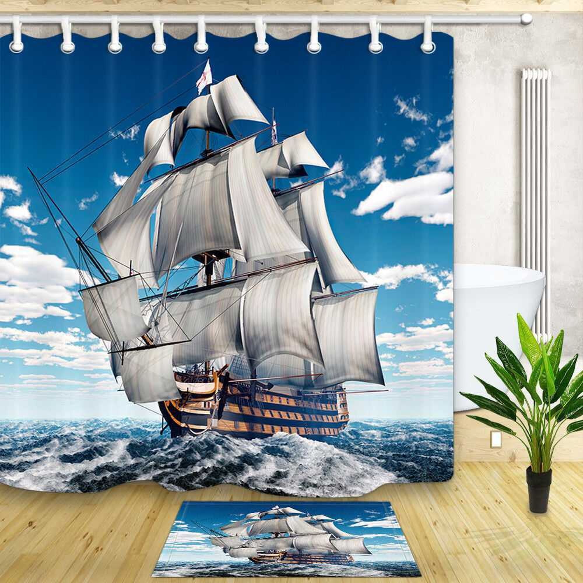 Set Sail with Style Nautical Ship Shower Curtain & Rug Set Elevate