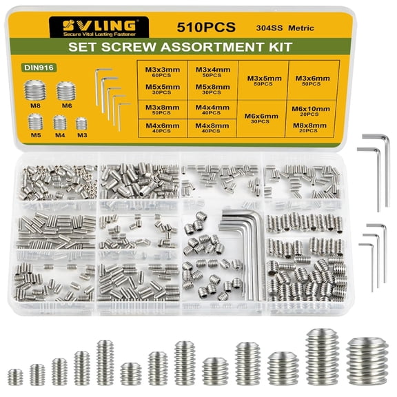 Set Screw Assortment Kit 510PCS, 13 Sizes Metric Set Screws M3 M4 M5 M6 M8 Socket Screw Kit 304 Stainless Steel for Bathroom Fixtures Door Handles