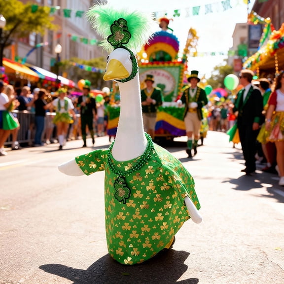 Set St. Patrick's Day Clover Porch Goose Outfit 20 Inch Cement Goose Clothes Dress and Hat Costume Set for Spring Irish Day Garden Yard Decor for Wedding, Father's Day&etc. Holiday Decor.