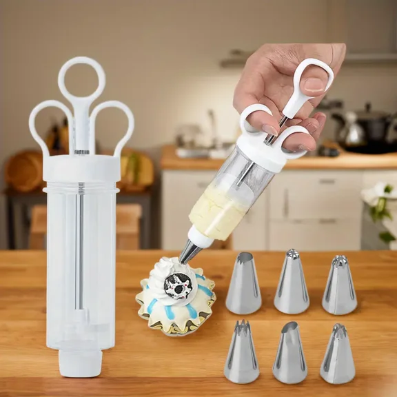 Set Stainless Steel Cake Decorating Gun Kit with 6 Icing Nozzles - Cupcake Injector Piping Set for Cake & Deviled Egg Decoration, Pastry Icing Tools kitchen gadgets