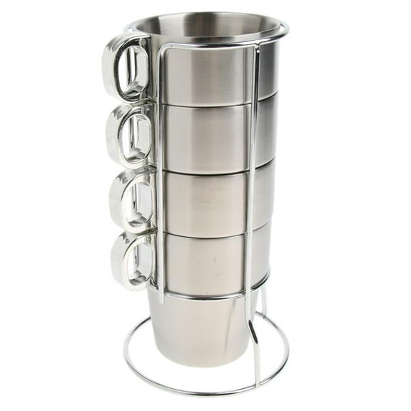 Set of Stainless Steel Coffee Mugs Drinking Cups - 10oz Stackable Portable Metal Cups with Handle And Stacking Rack, for Camping, Party, Hiking, Bar S