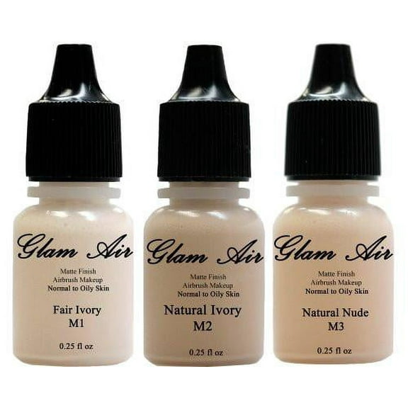 Set of Three (3) Airbrush Makeup Foundation Matte M1 Fair Ivory, M2 Natural Ivory, M3 Natural Nude Water-based Makeup Lasting All Day 0.25 Oz Bottle By Glam Air