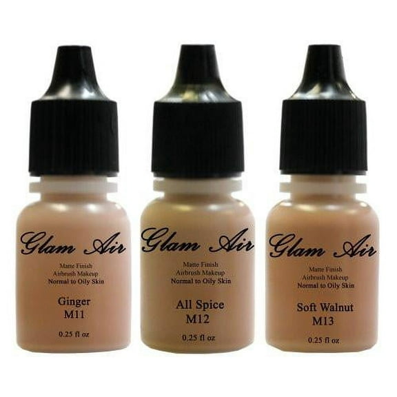 Set of Three (3) Airbrush Makeup Foundations Matte M11 Ginger, M12 All Spice, M13 Soft Walnut Water-based Makeup Lasting All Day 0.25 Oz Bottle By Glam Air